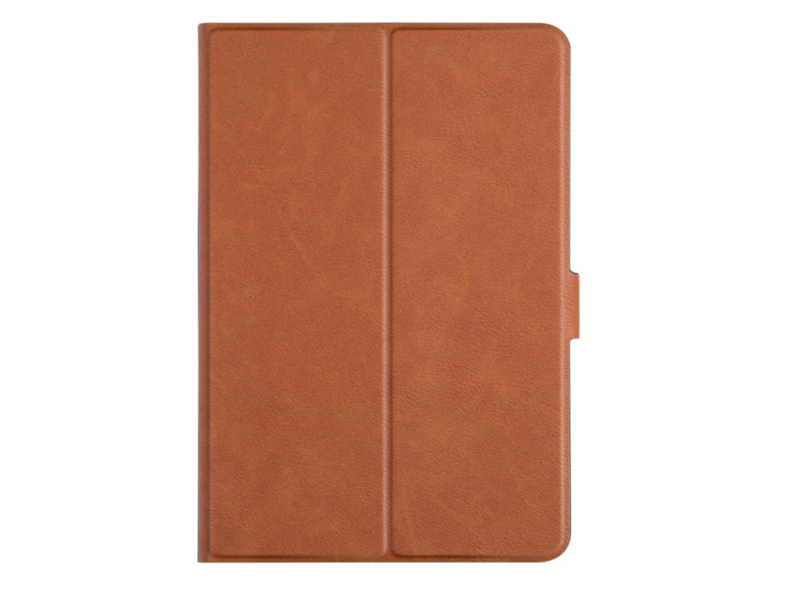 Funda para tableta color canela, cerrada con cierre magnético. Diseño vertical.