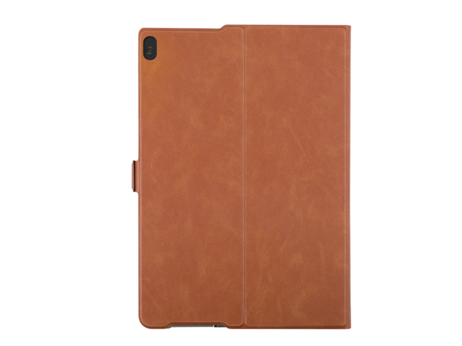 Una funda de tableta marrón, cerrada con un cierre, y una cámara en la parte trasera.