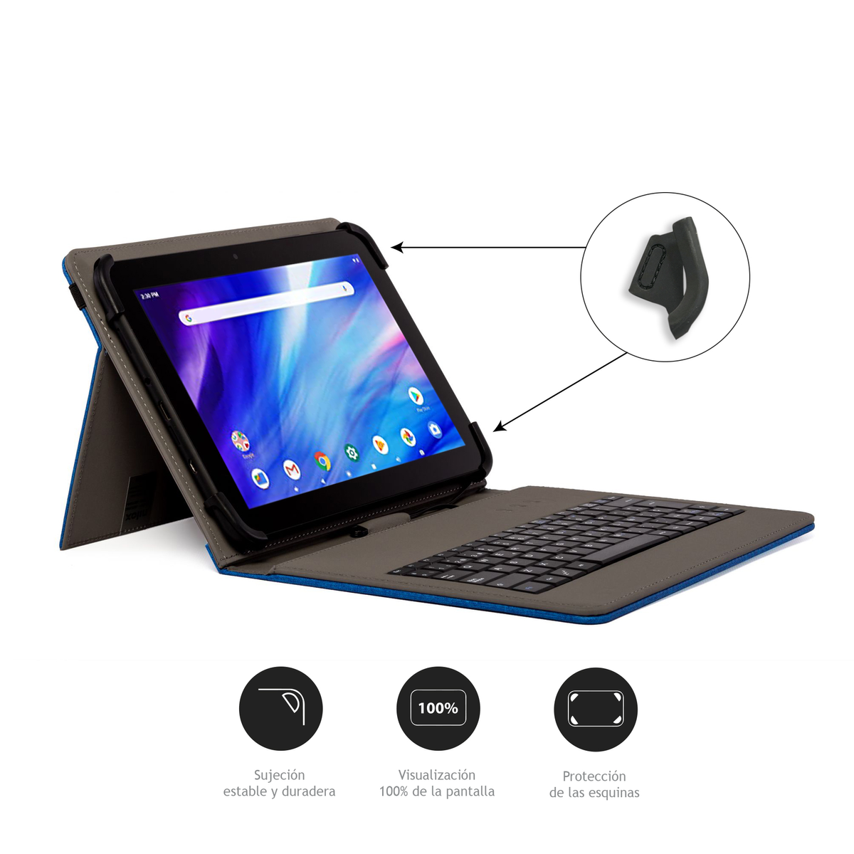 Tablet in custodia con tastiera. Tablet che mostra lo schermo. Frecce puntano i dettagli.