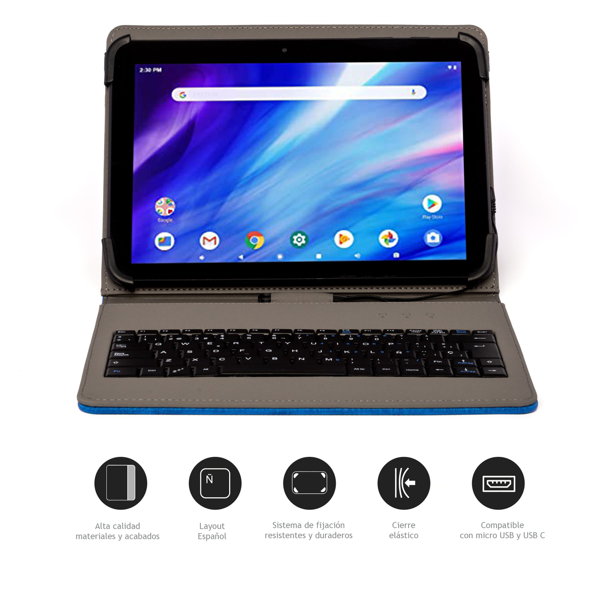 Tablet con custodia tastiera. Lo schermo del tablet mostra la ricerca Google. La custodia è grigia e blu.