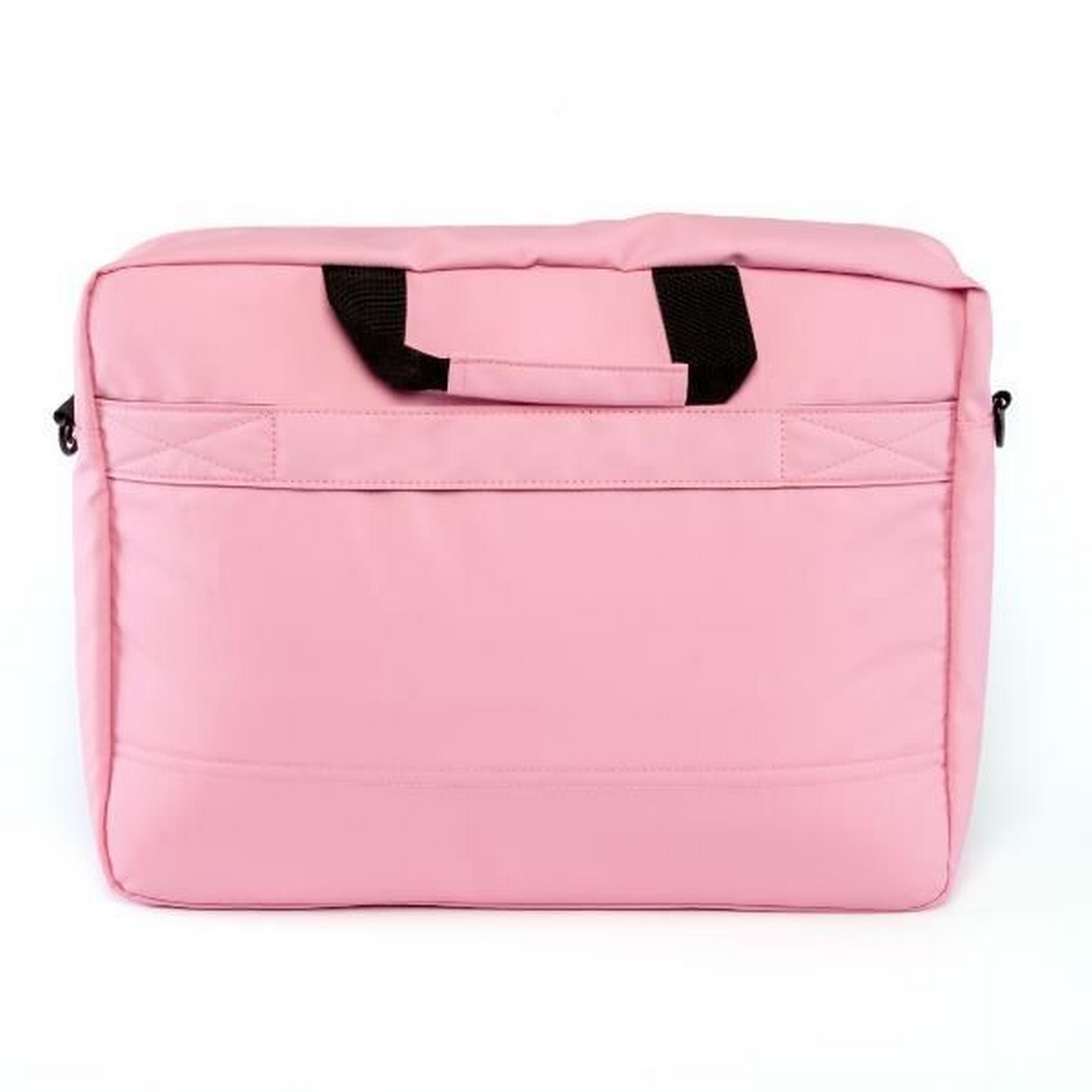 Borsa rosa per laptop con manici. Manici neri e una tracolla nera. Sfondo bianco.