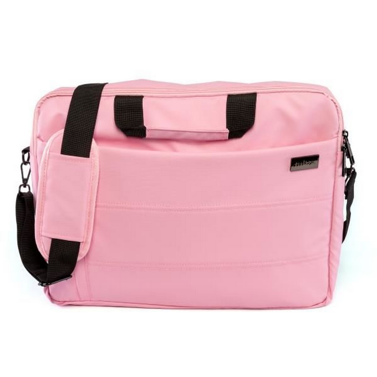 Borsa rosa per laptop con cinturino nero, manico e tasca piccola. Sfondo bianco.