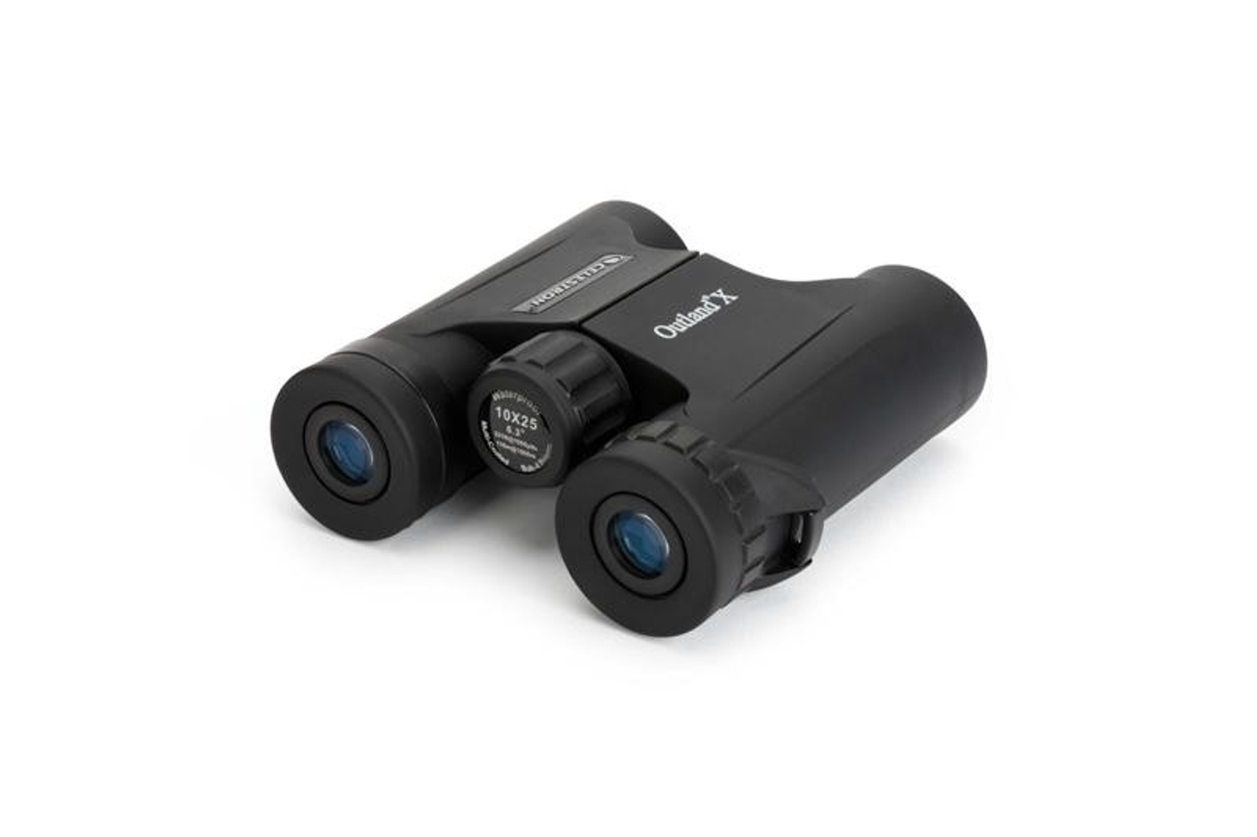 Binocolo nero con rotella di messa a fuoco. Marchio 'Outland X'. Sfondo bianco.