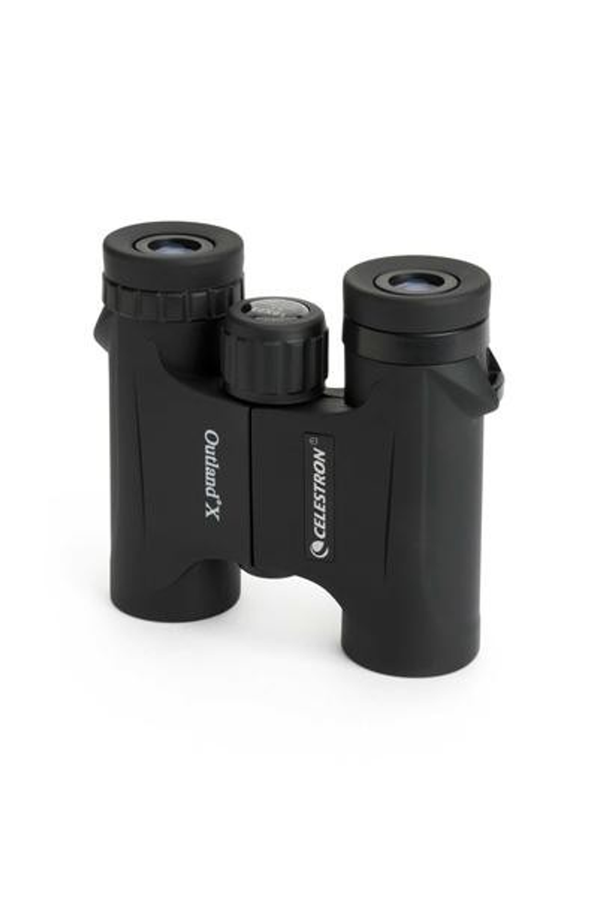 Binocolo nero su sfondo bianco. Celestron e Outland X sono visibili.