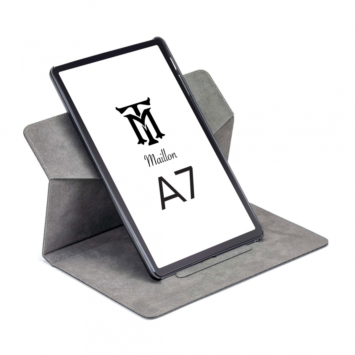 Una tableta dentro de una funda de cuero gris, abierta, mostrando un logotipo y el texto 'A7'.