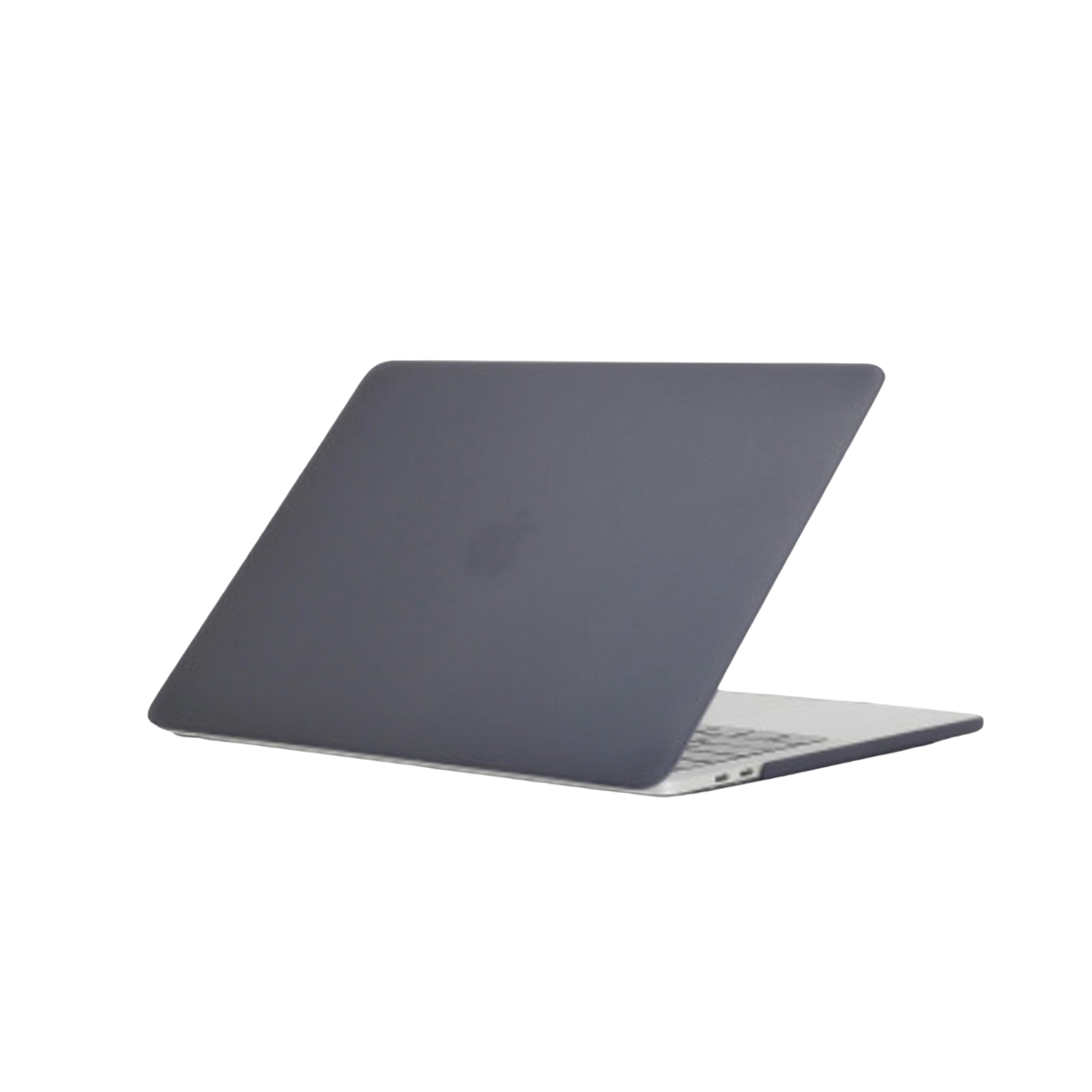 Portátil negro, logo de Apple, sobre fondo negro. Vista trasera.