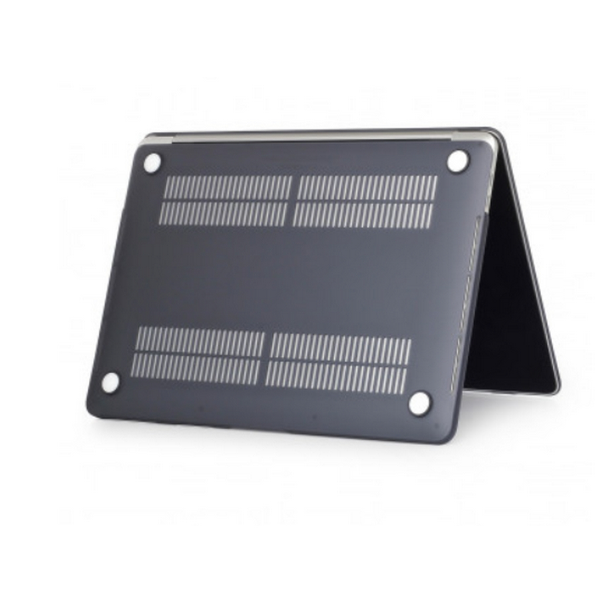 La parte trasera de una funda negra para portátil con orificios de ventilación y fondo blanco.