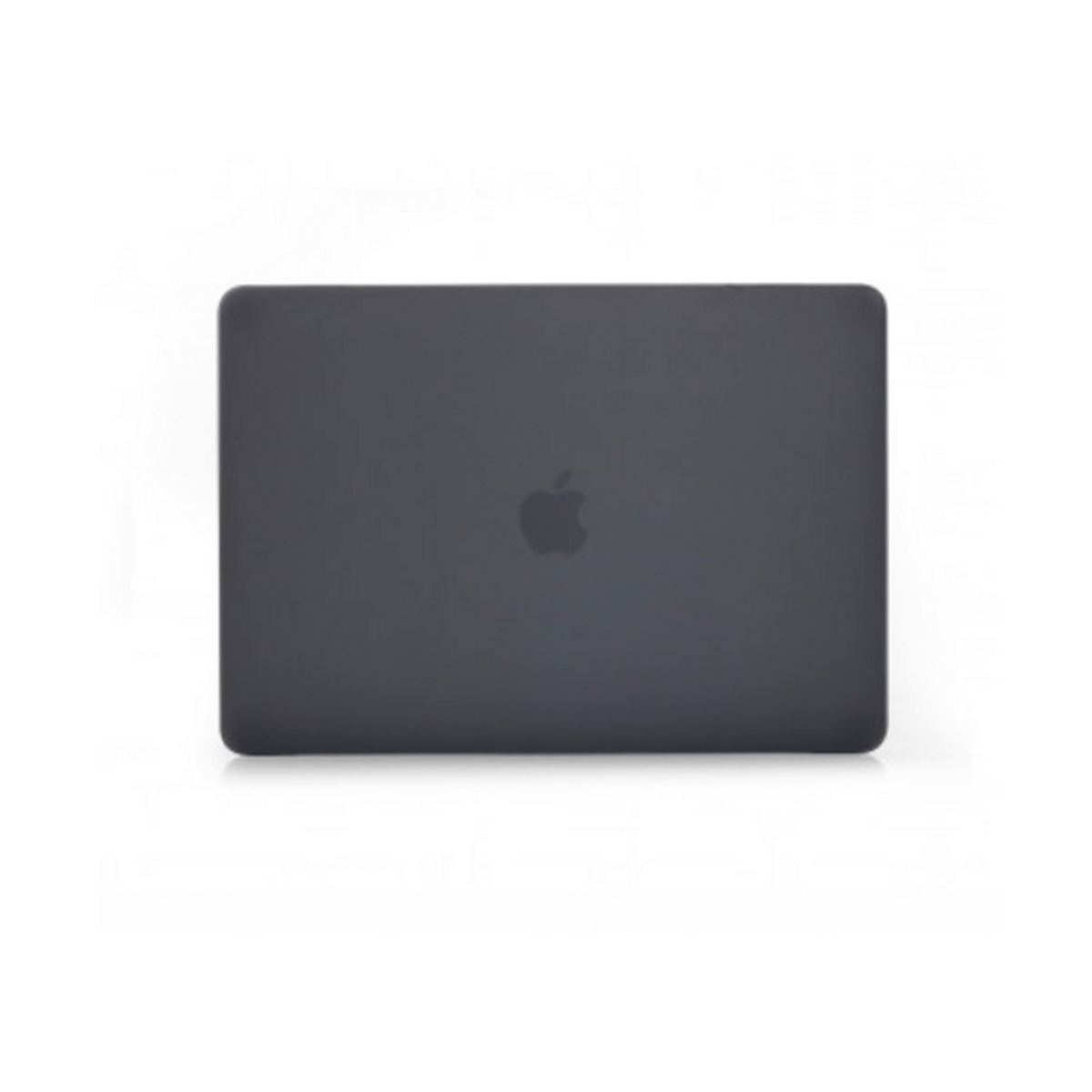 Ordenador portátil gris, vista trasera. Logotipo de Apple centrado.