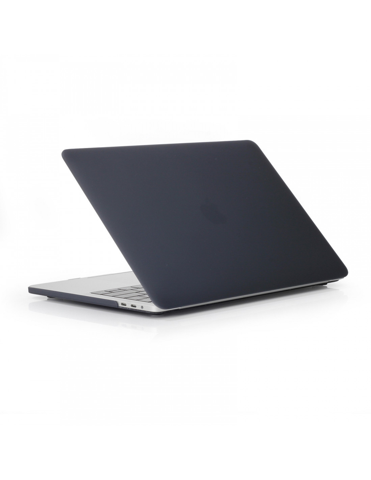 Laptop, grigio scuro chiuso, con la parte posteriore visibile. Parte inferiore argentata, porte e sfondo bianco.