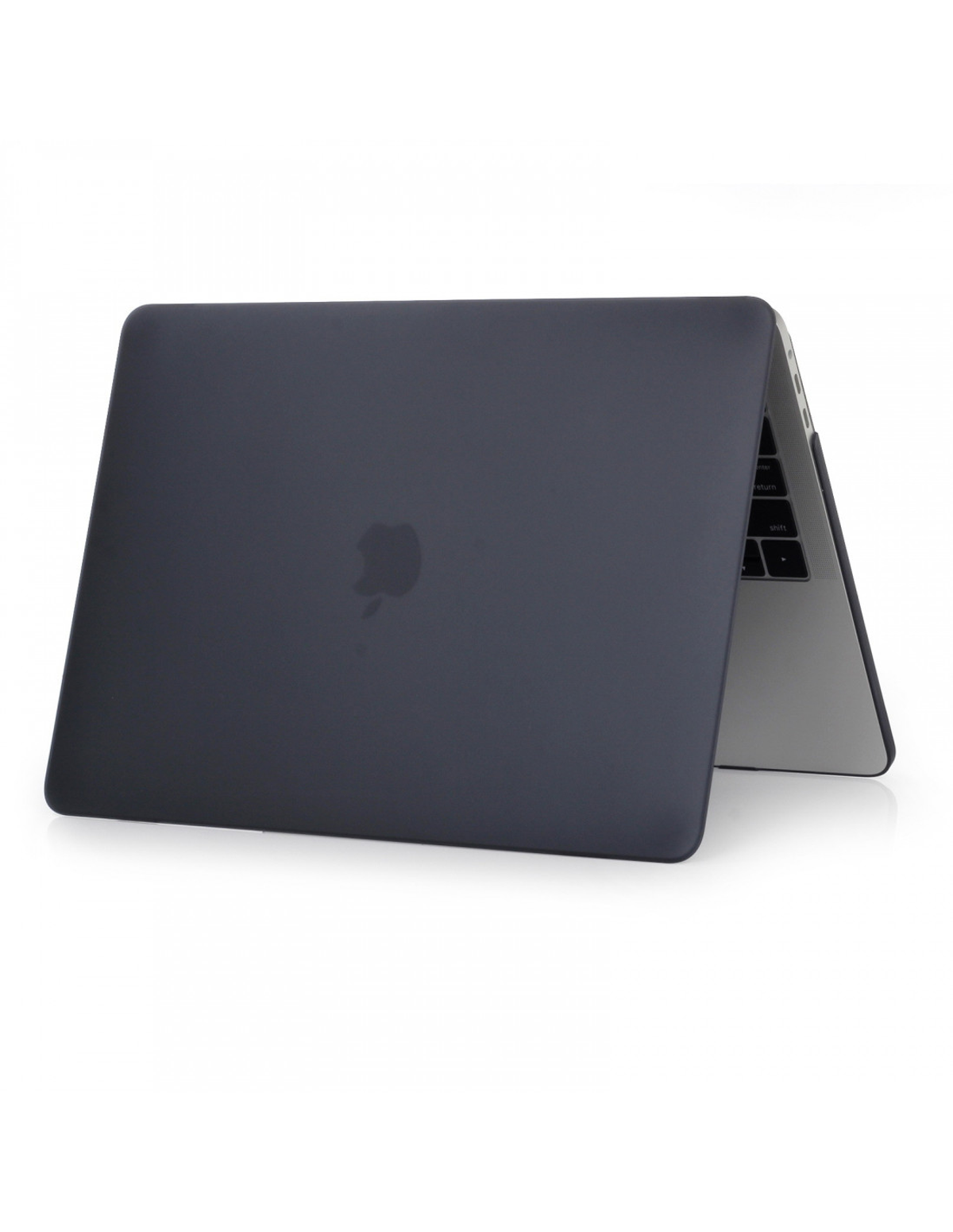 Laptop grigio scuro con coperchio chiuso, che mostra il logo Apple. Lo sfondo è bianco.