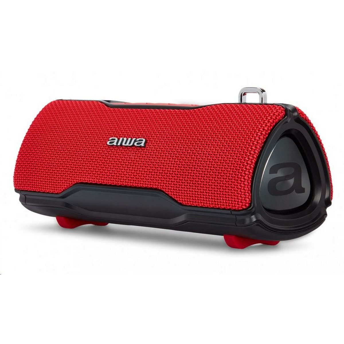 Un altavoz aiwa cilíndrico rojo y negro con el logotipo de aiwa, sobre un fondo blanco.
