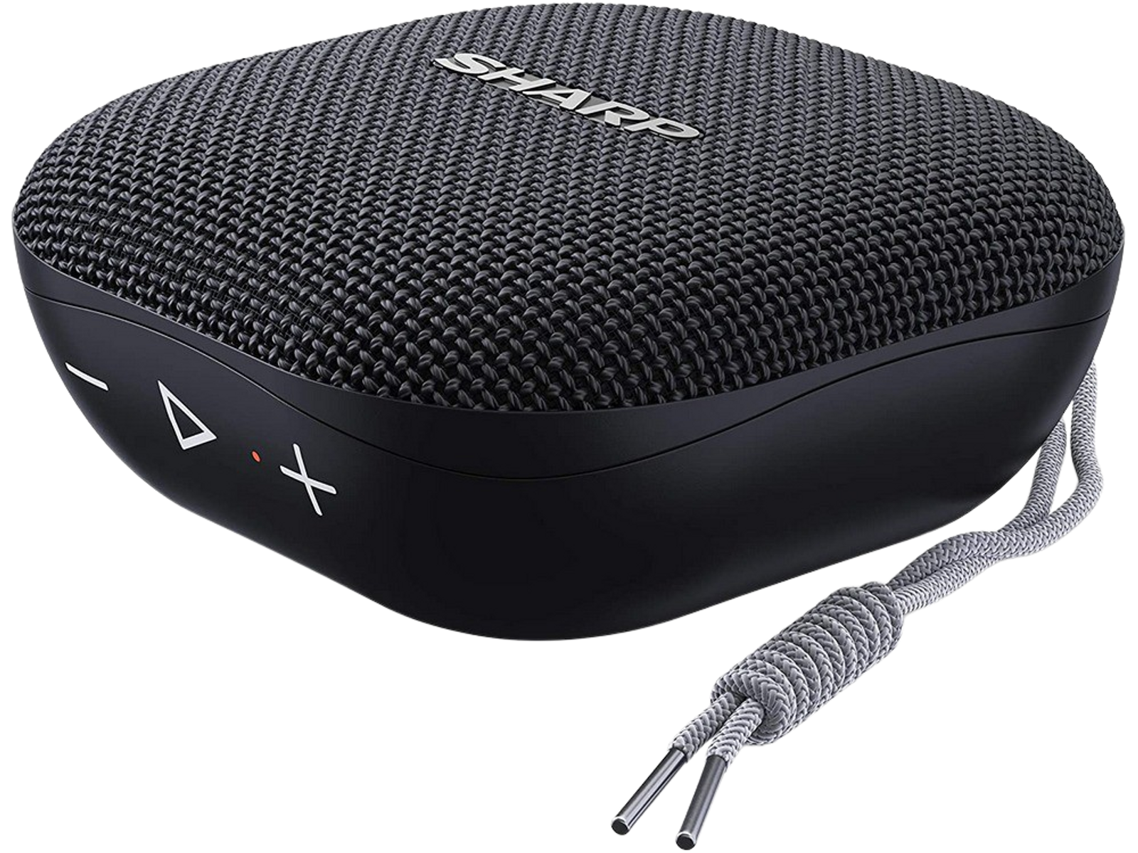 Czarny głośnik Sharp z szarym przewodem. Głośnik posiada przyciski głośności i przycisk odtwarzania z boku.