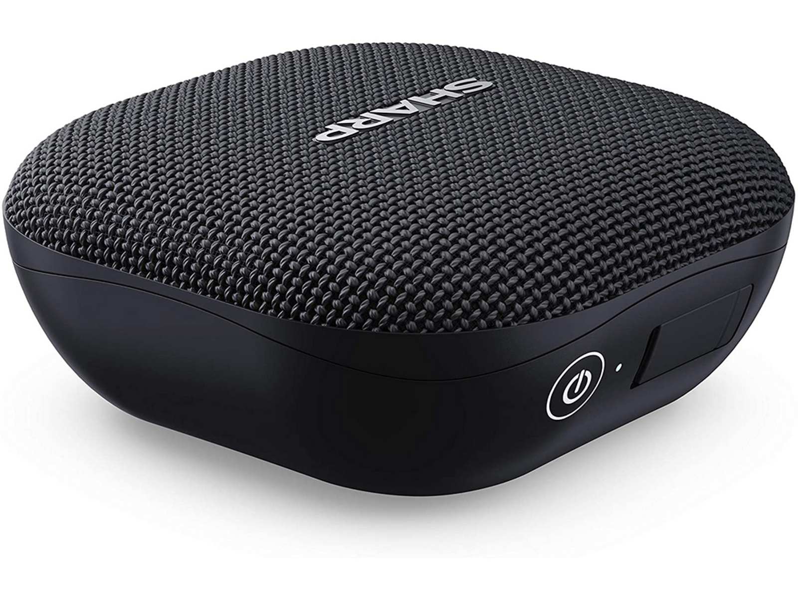 Czarny głośnik Sharp w kształcie owalu z siatkowym wierzchem i przyciskiem zasilania z boku.