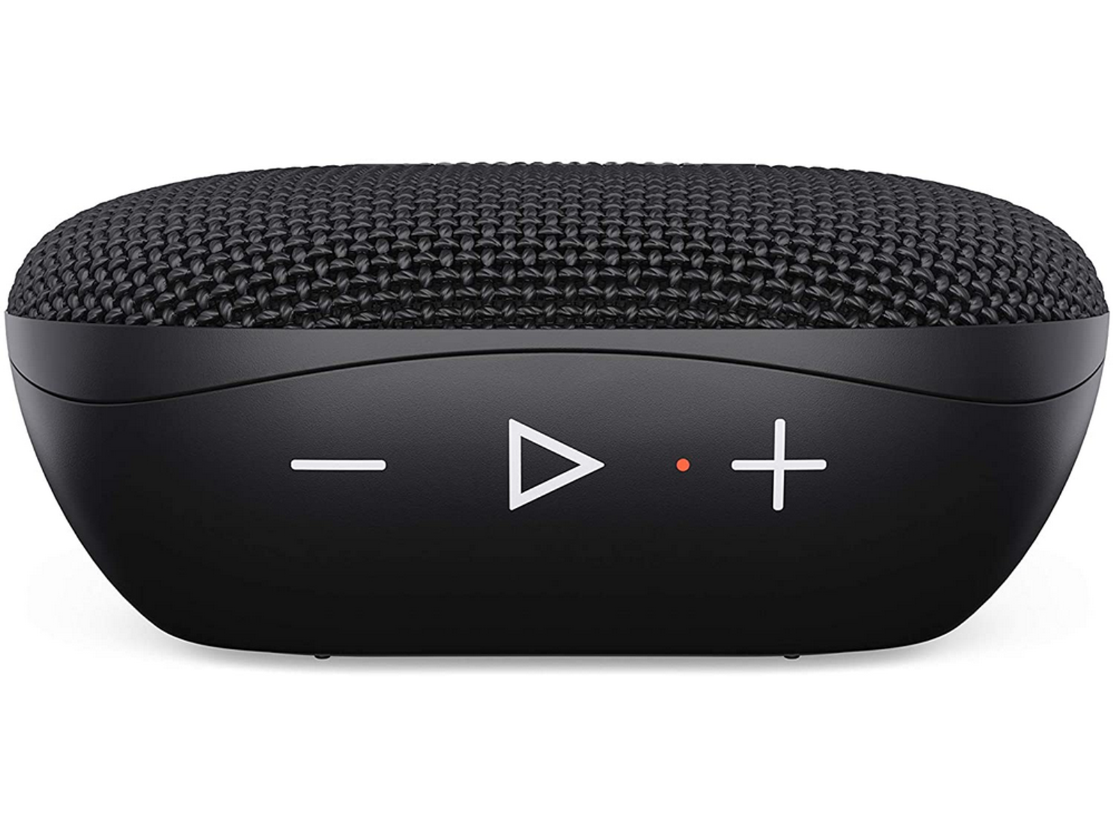 Czarny owalny głośnik przenośny z przyciskami sterowania: minus, odtwarzanie i plus. Ma siatkę.
