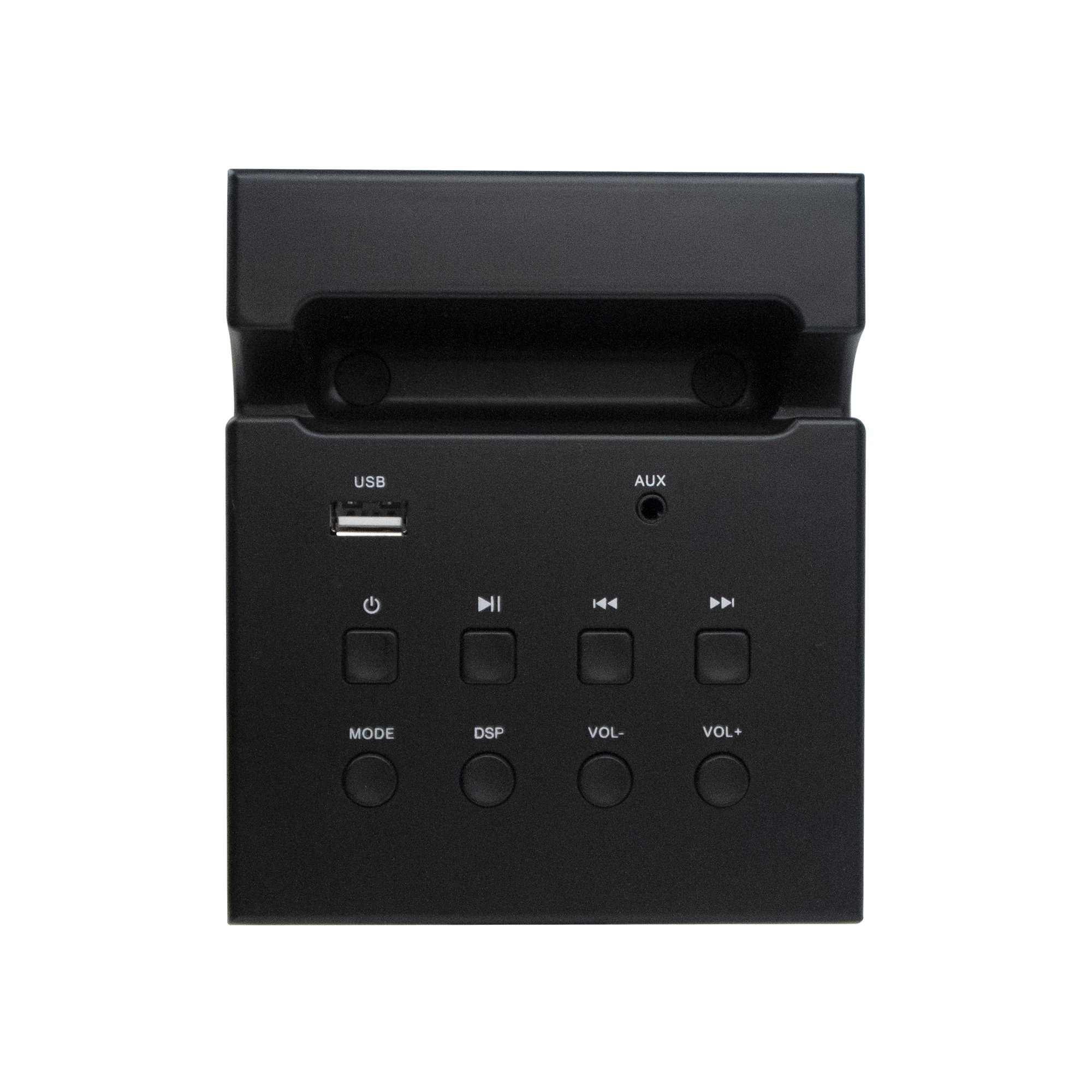 Base para altavoces negra con puertos USB y AUX, y botones de control: modo, DSP, subir y bajar volumen.