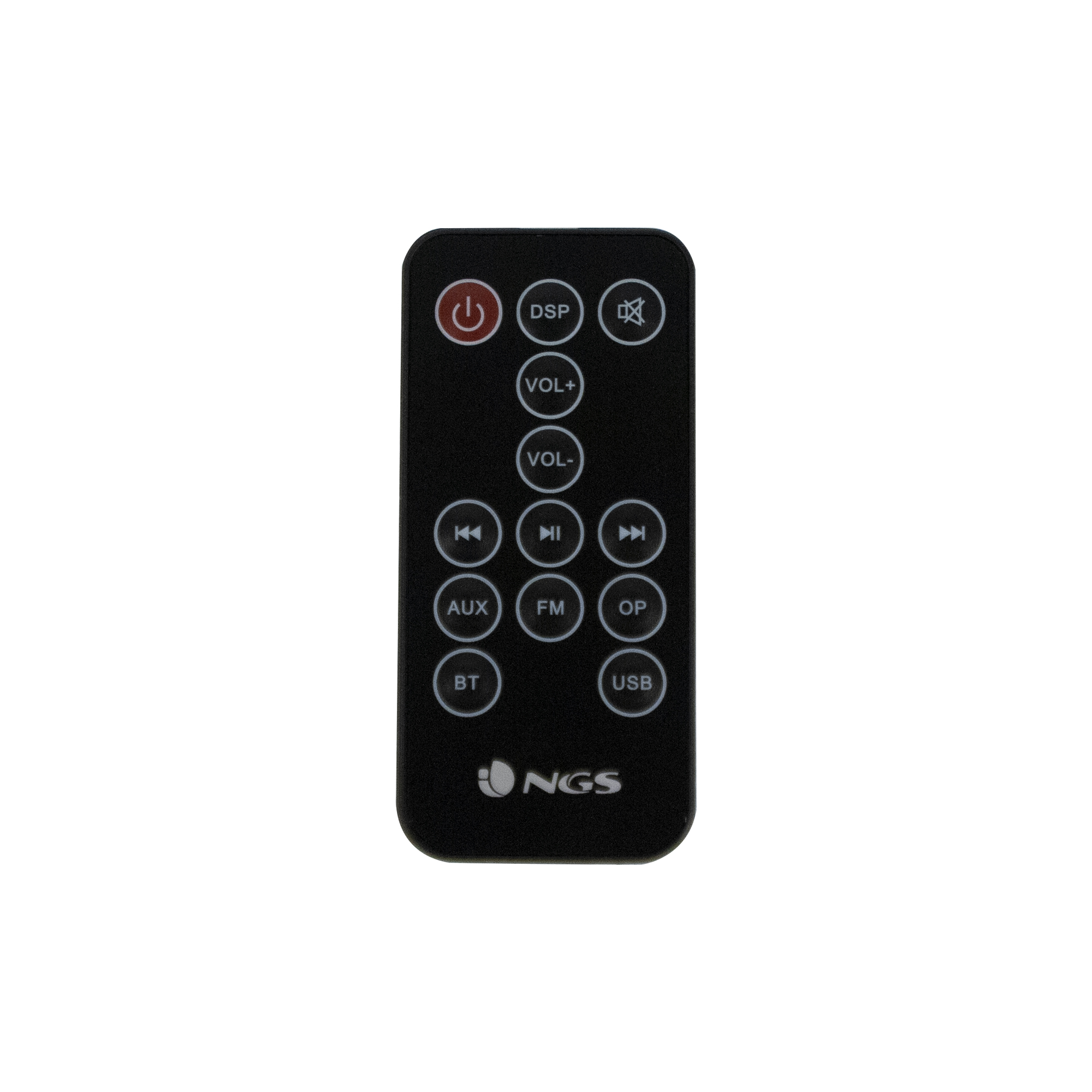 Control remoto negro con varios botones, incluyendo encendido, volumen y canales.