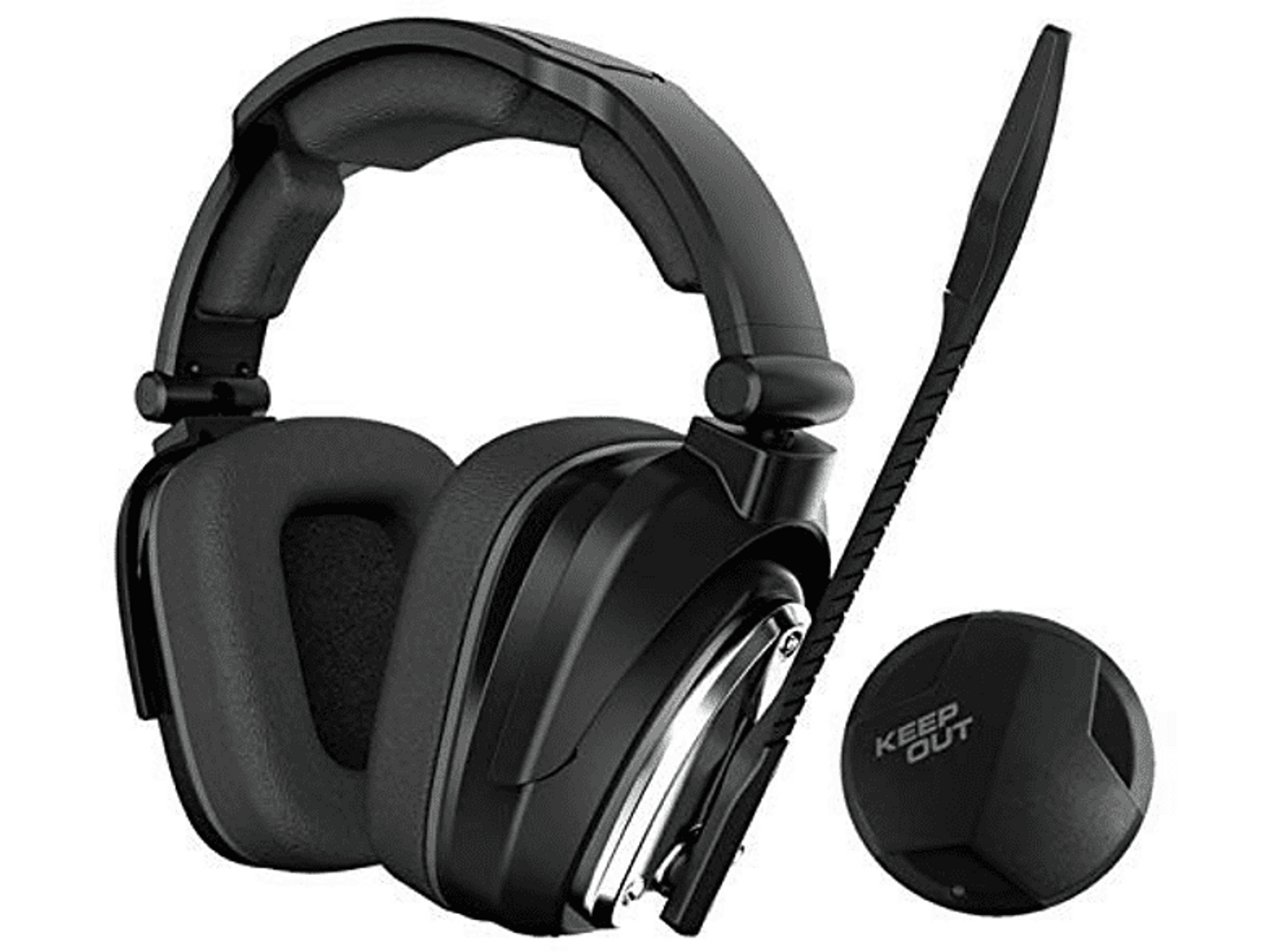 Czarne słuchawki z etykietą Keep Out z boku. Dołączony czarny mikrofon.
