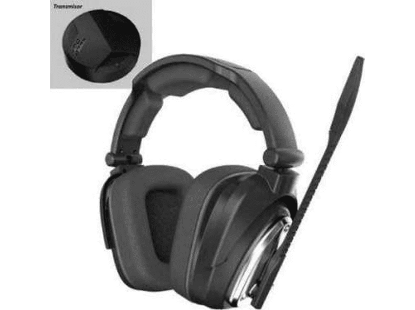 Czarne słuchawki z mikrofonem i osobnym urządzeniem nadawczym.