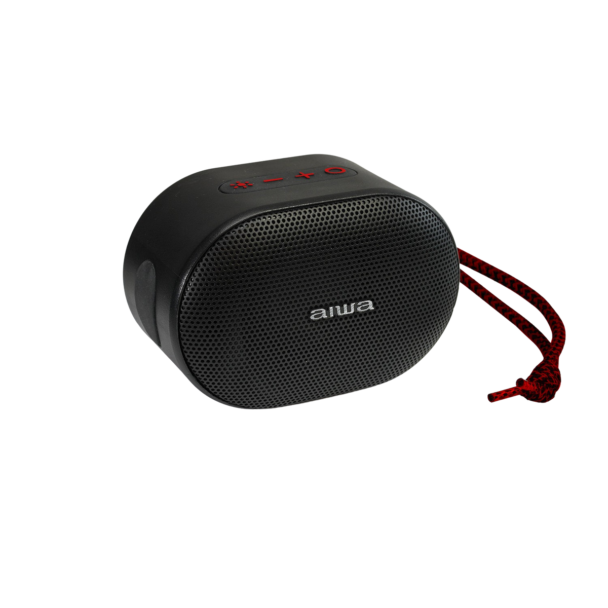 Altavoz Aiwa negro, ovalado, con detalles rojos y correa roja, en ángulo sobre fondo negro.