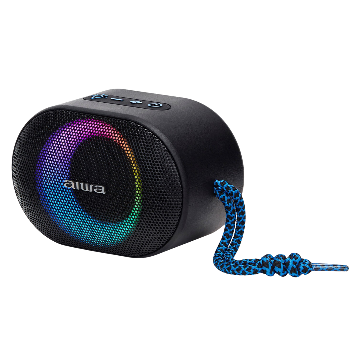 Altavoz negro y redondo con luces de colores y cable azul y negro.