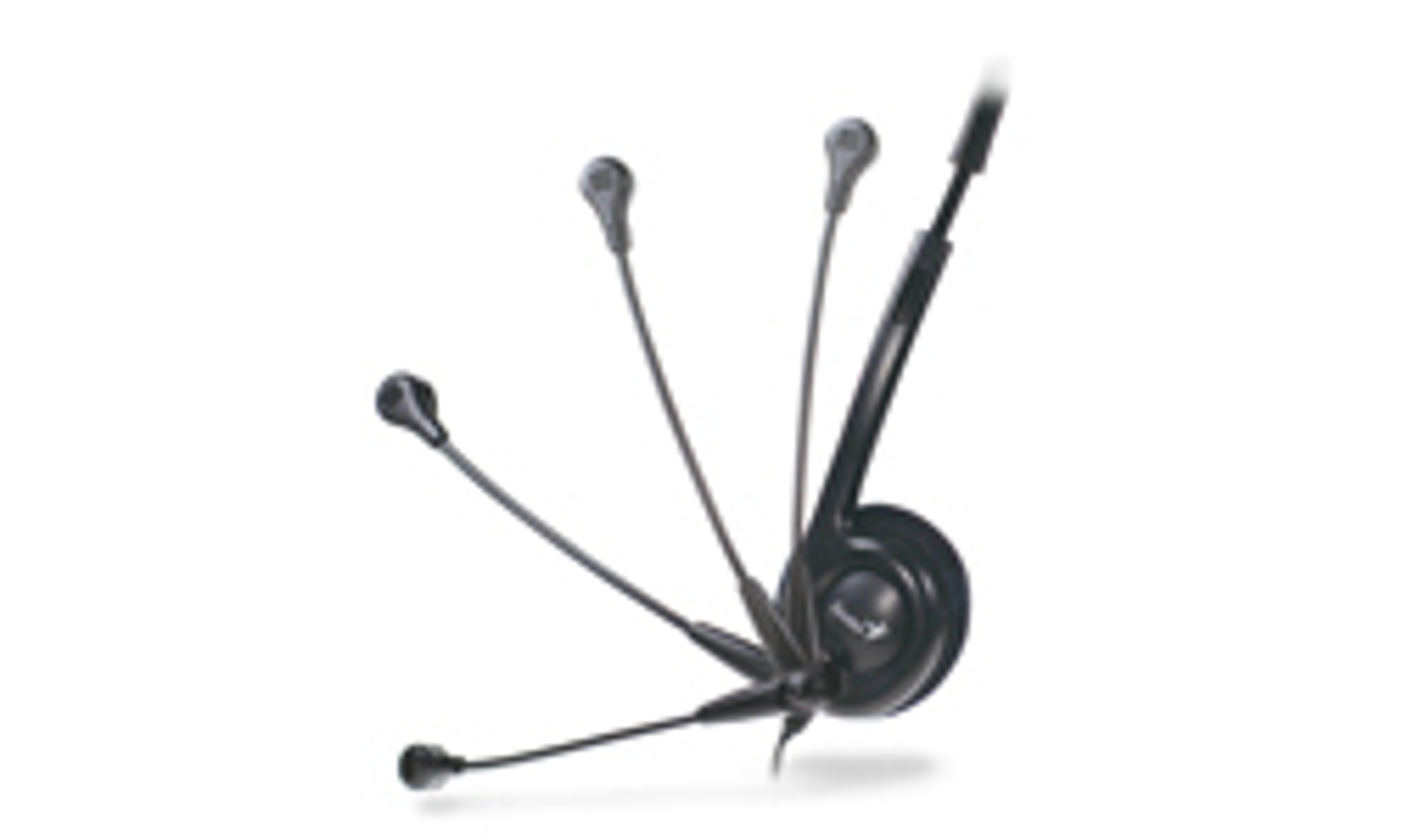 Auriculares negros con múltiples micrófonos, sobre fondo blanco.