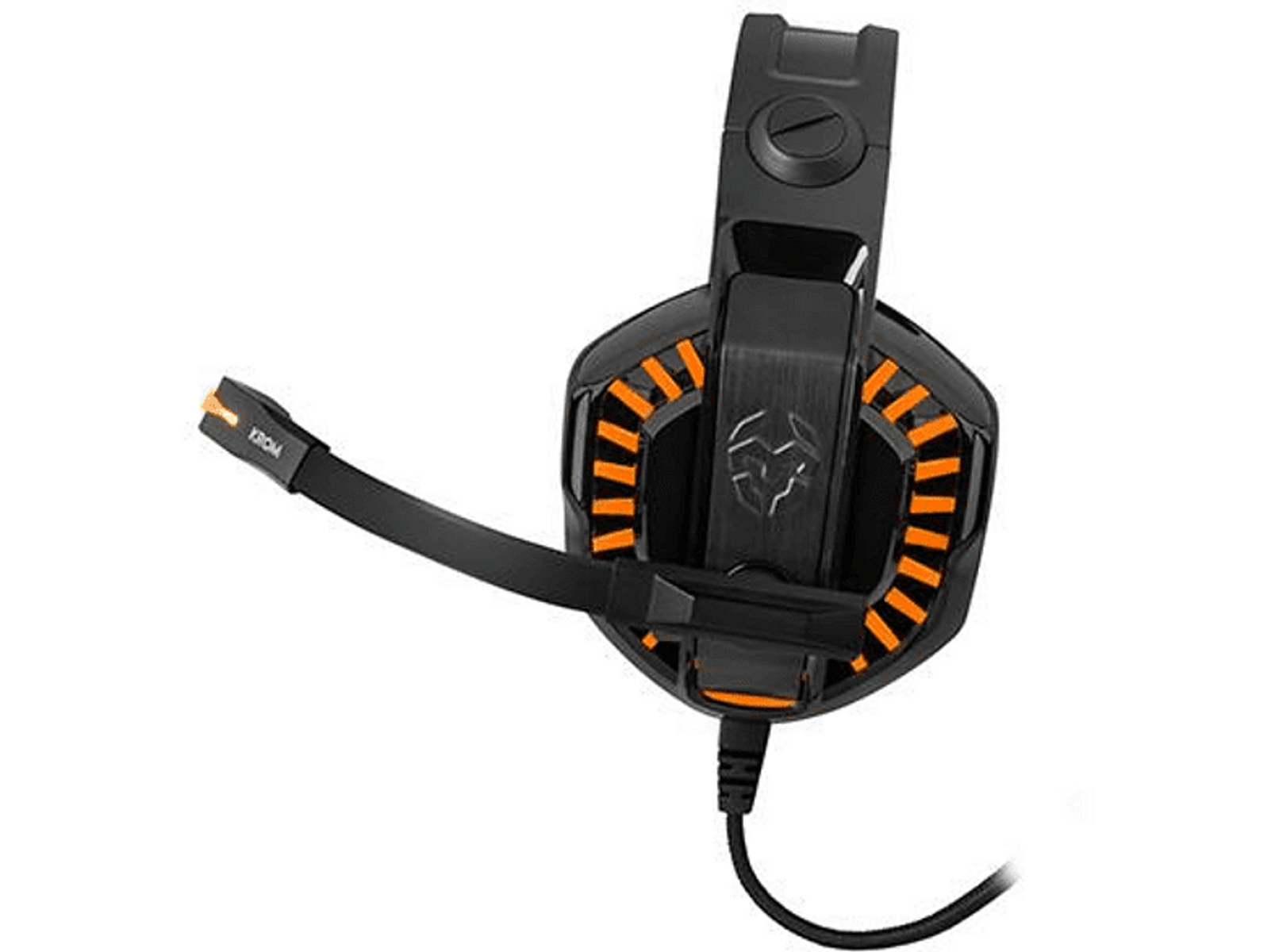 Auriculares para juegos negros y naranjas. Micrófono a la izquierda. Acentos naranjas visibles.
