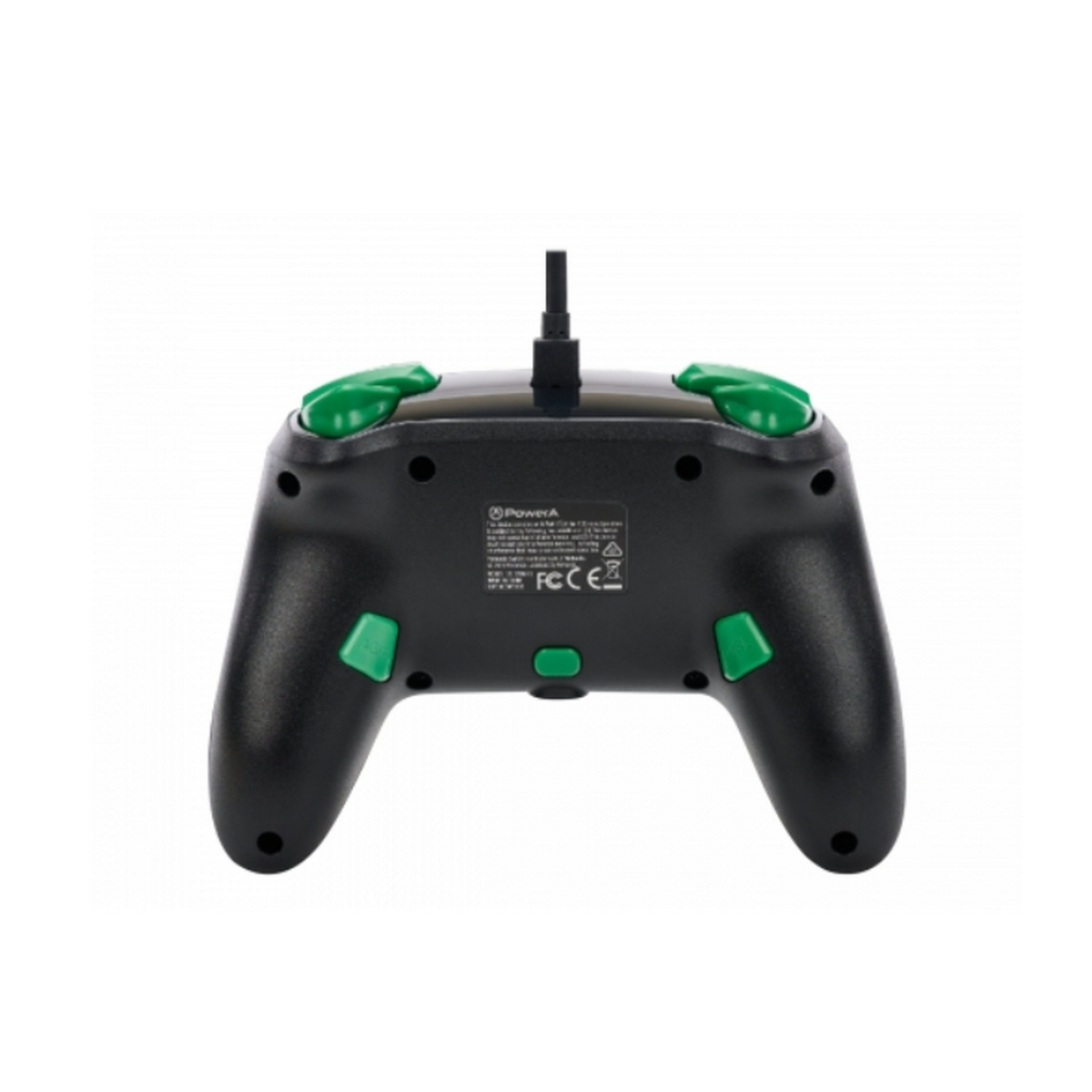 Schwarzer Gamecontroller mit grünen Knöpfen, PowerA Logo sichtbar.