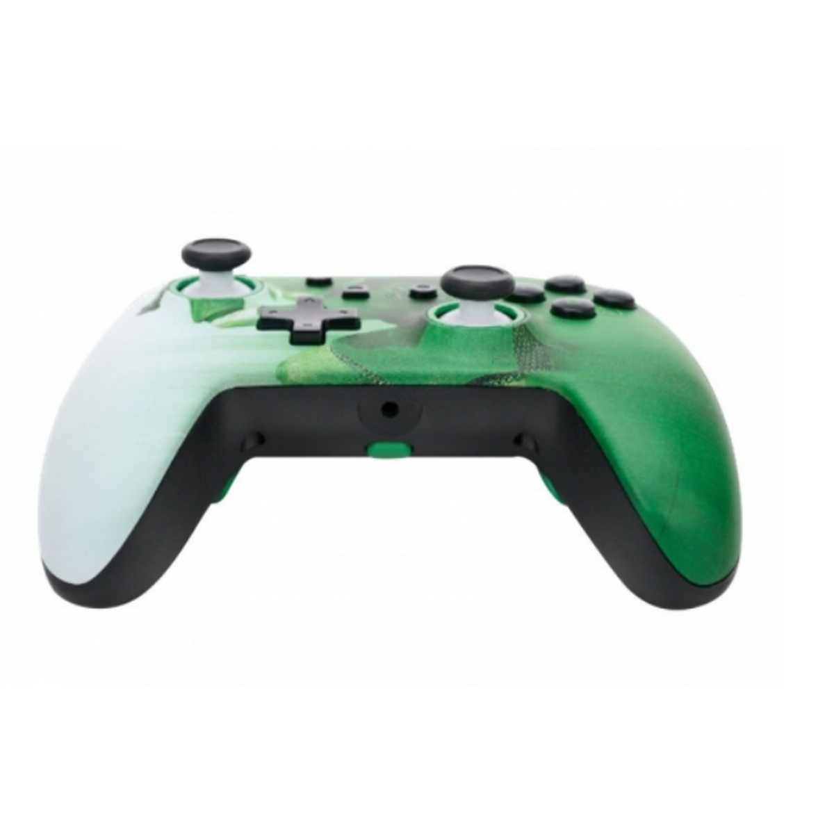 Grün-schwarzer Videospiel-Controller. Der Controller hat Knöpfe und Joysticks.