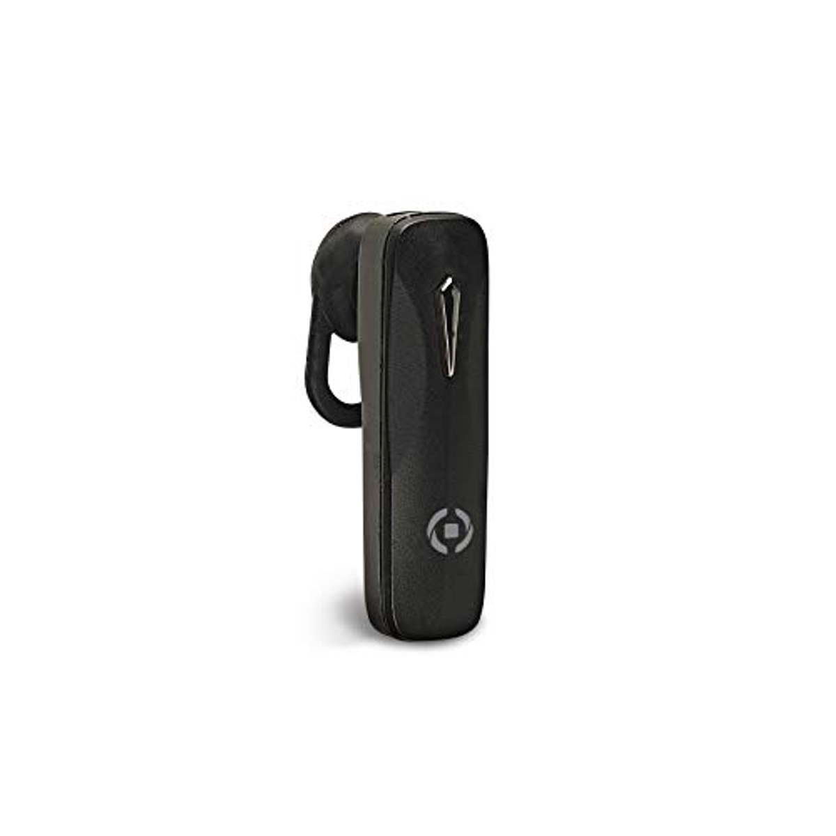 Schwarzes Bluetooth-Headset mit gebogenem Ohrbügel und kleinem silbernen Knopf.