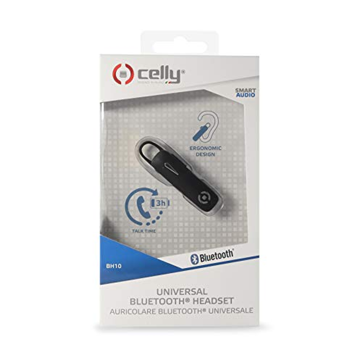 Ein schwarzes Bluetooth-Headset in seiner Verpackung, mit der Marke Celly, auf weißem Hintergrund.
