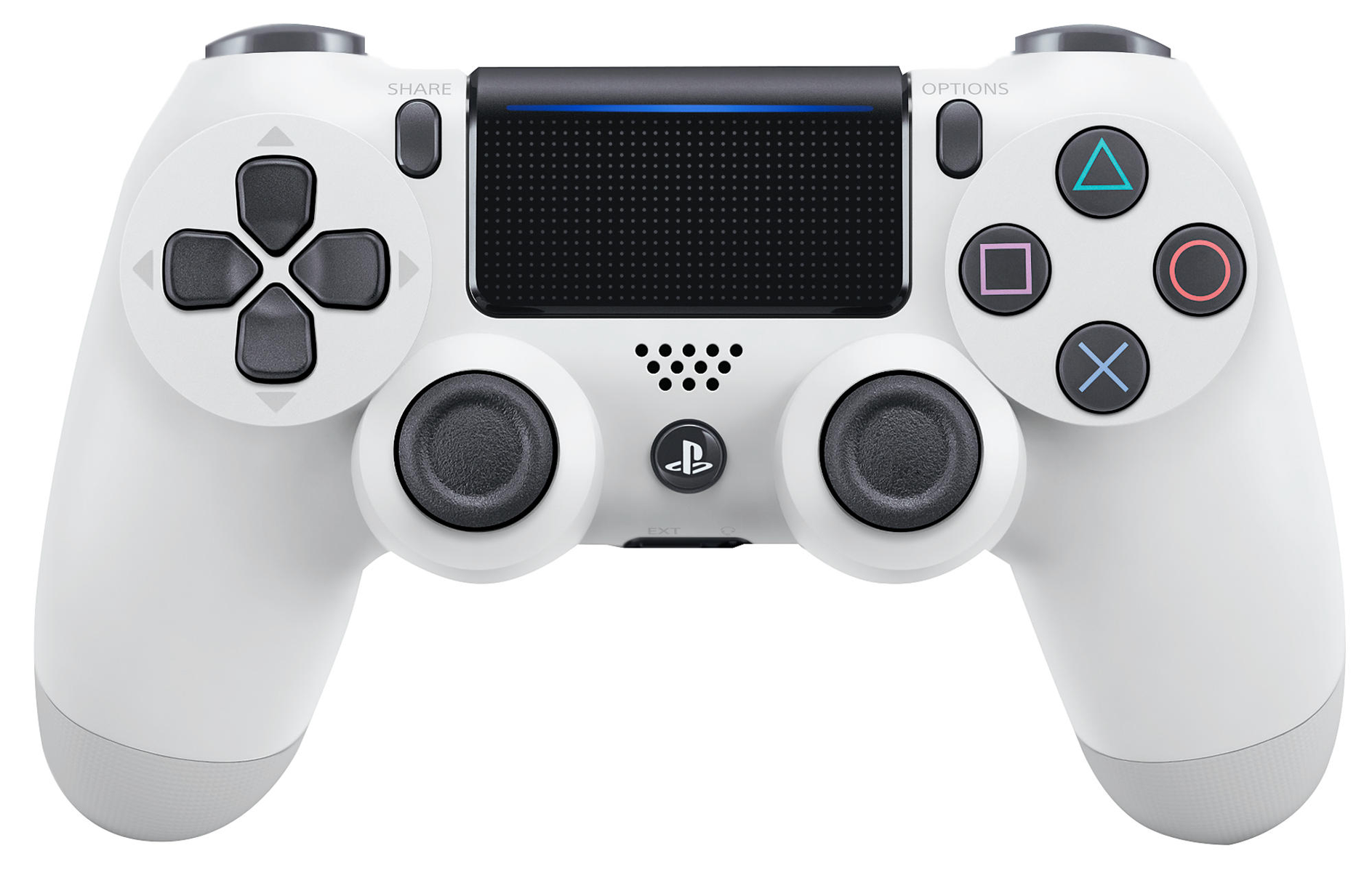 Witte Playstation 4 controller met knoppen, op een witte achtergrond, schuine weergave.