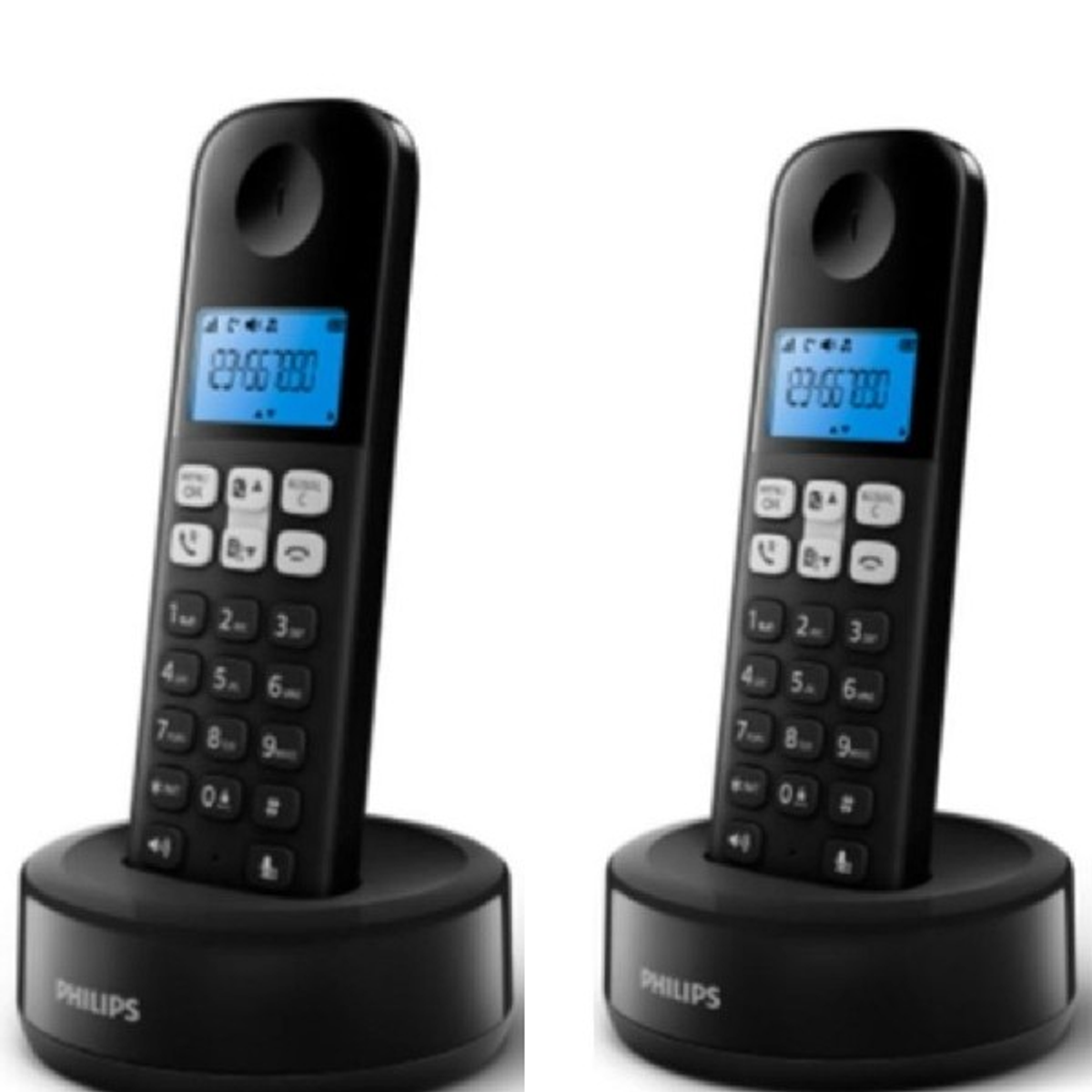 Dos teléfonos inalámbricos negros en sus bases de carga. Los teléfonos tienen pantalla y botones.