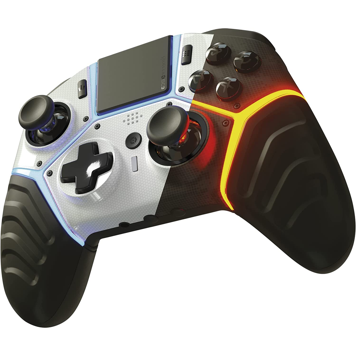 Czarno-biały kontroler do gier z czerwonymi i niebieskimi podświetleniami.