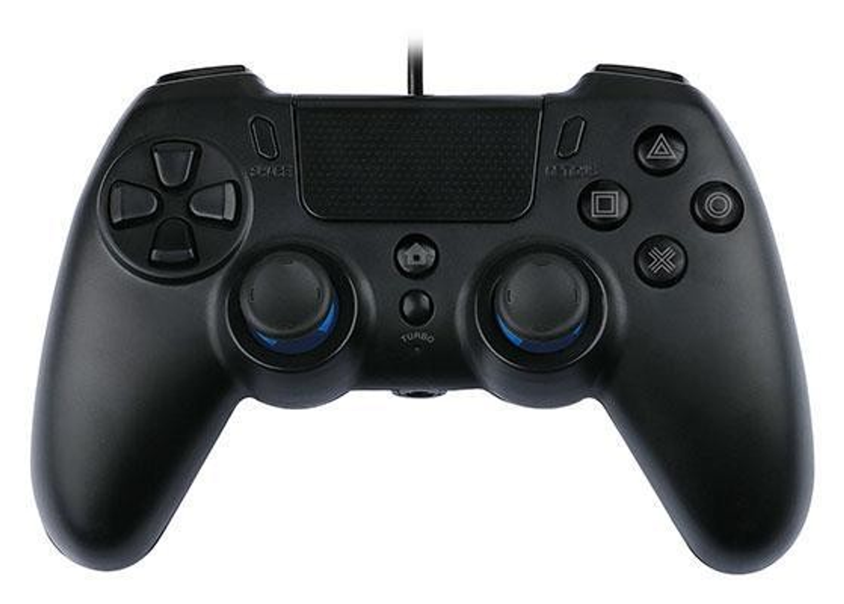 Schwarzer Gamecontroller mit Knöpfen und zwei Joysticks. Draufsicht.