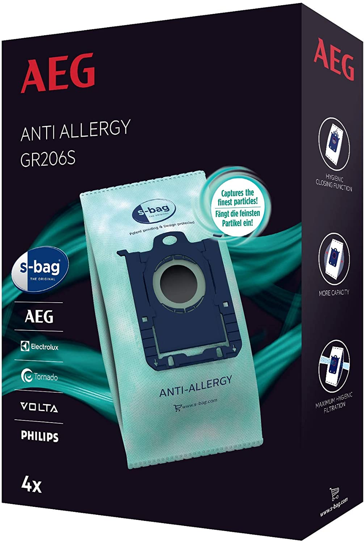 Caja de bolsa de aspiradora antialérgica AEG. Bolsa azul dentro, con texto e imágenes. Fondo blanco.