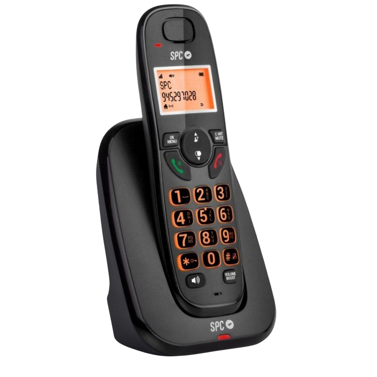 Telefono cordless nero con schermo che mostra numeri e pulsanti.