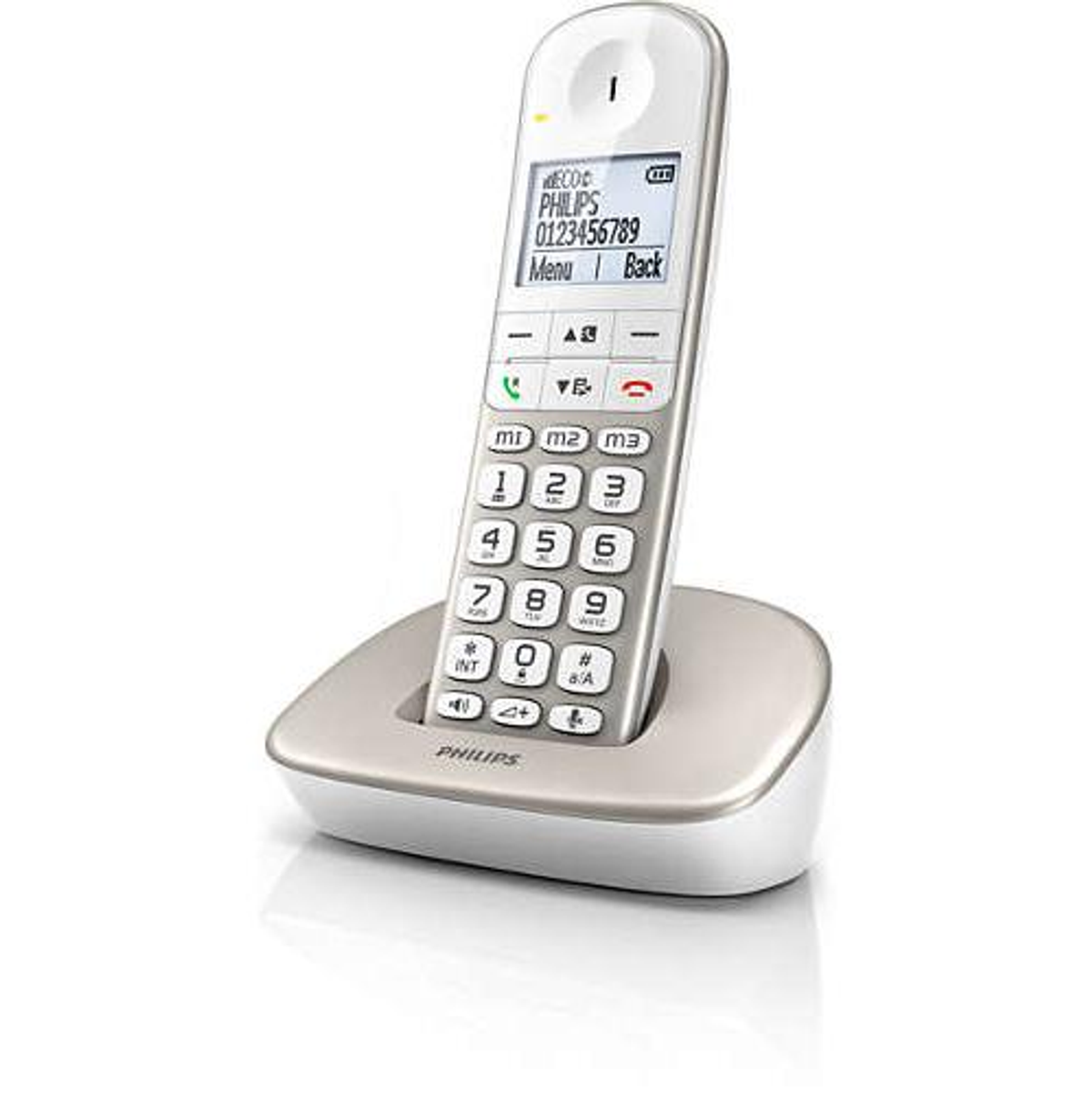 Teléfono inalámbrico Philips blanco sobre base blanca. Pantalla muestra números y opciones.