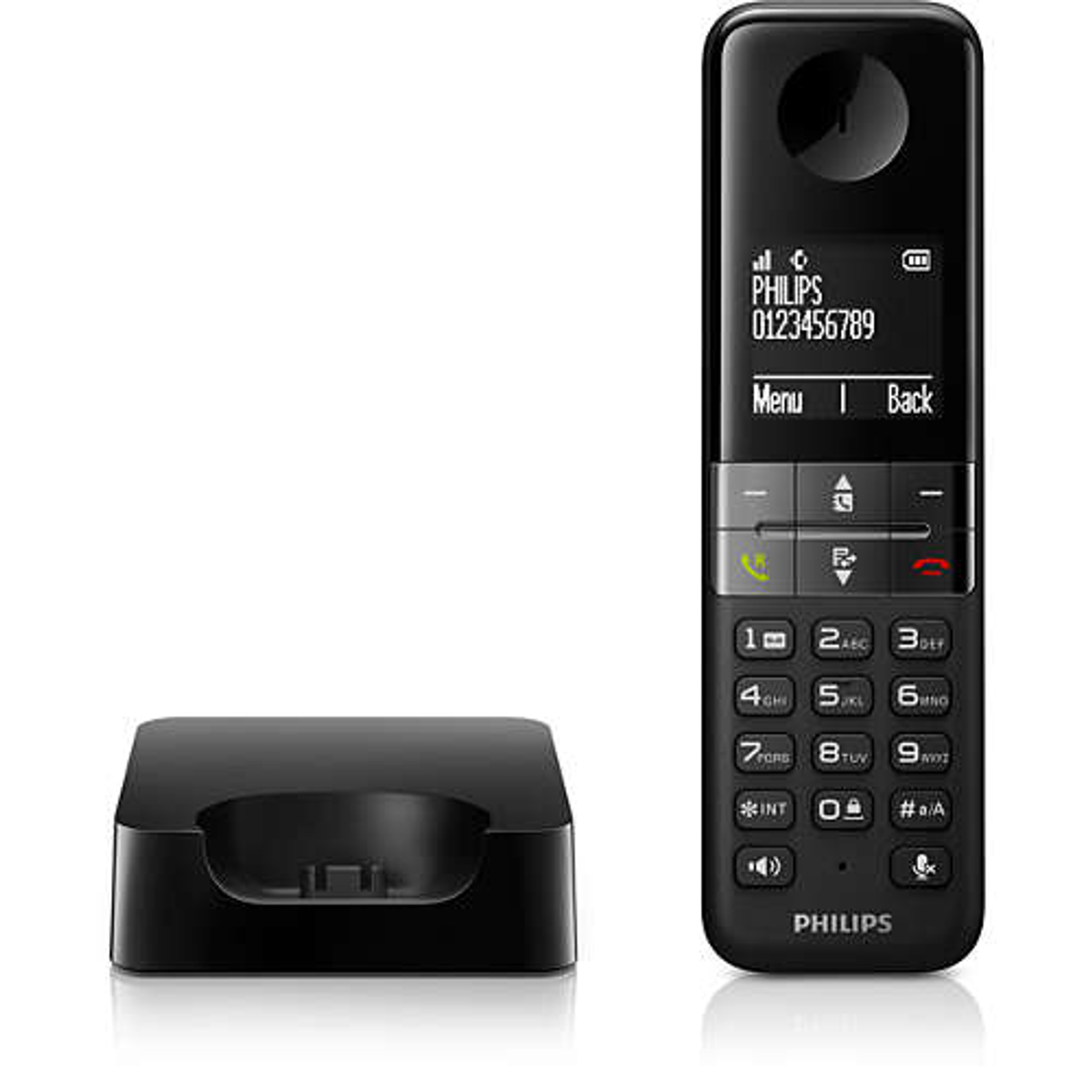 Un teléfono inalámbrico negro con base de carga. Tiene pantalla y botones numéricos. Fondo blanco.