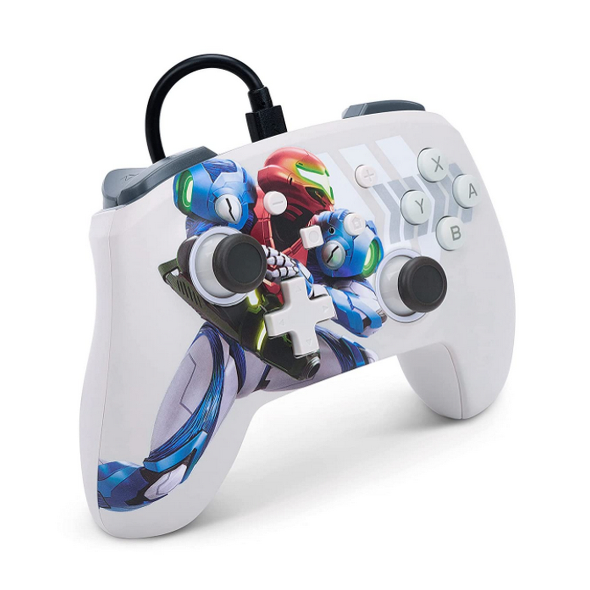 Controlador Nintendo Switch blanco con diseño de personaje de juego.