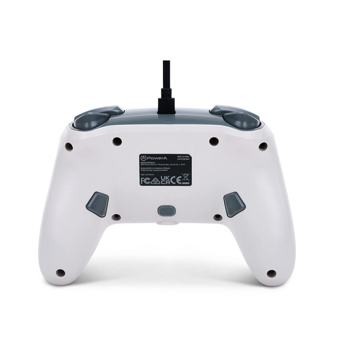 Mando de juego blanco, vista trasera, con botones y detalles grises. Logo PowerA visible.