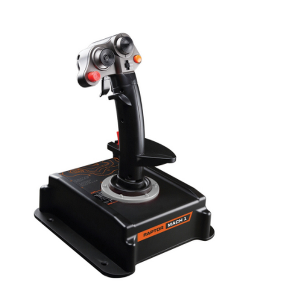 Joystick negro y plateado con botones, sobre una base negra.