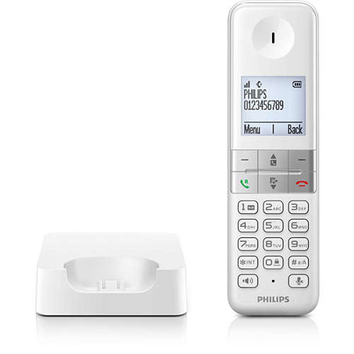 Teléfono inalámbrico Philips blanco con base. El teléfono tiene pantalla y teclado numérico.