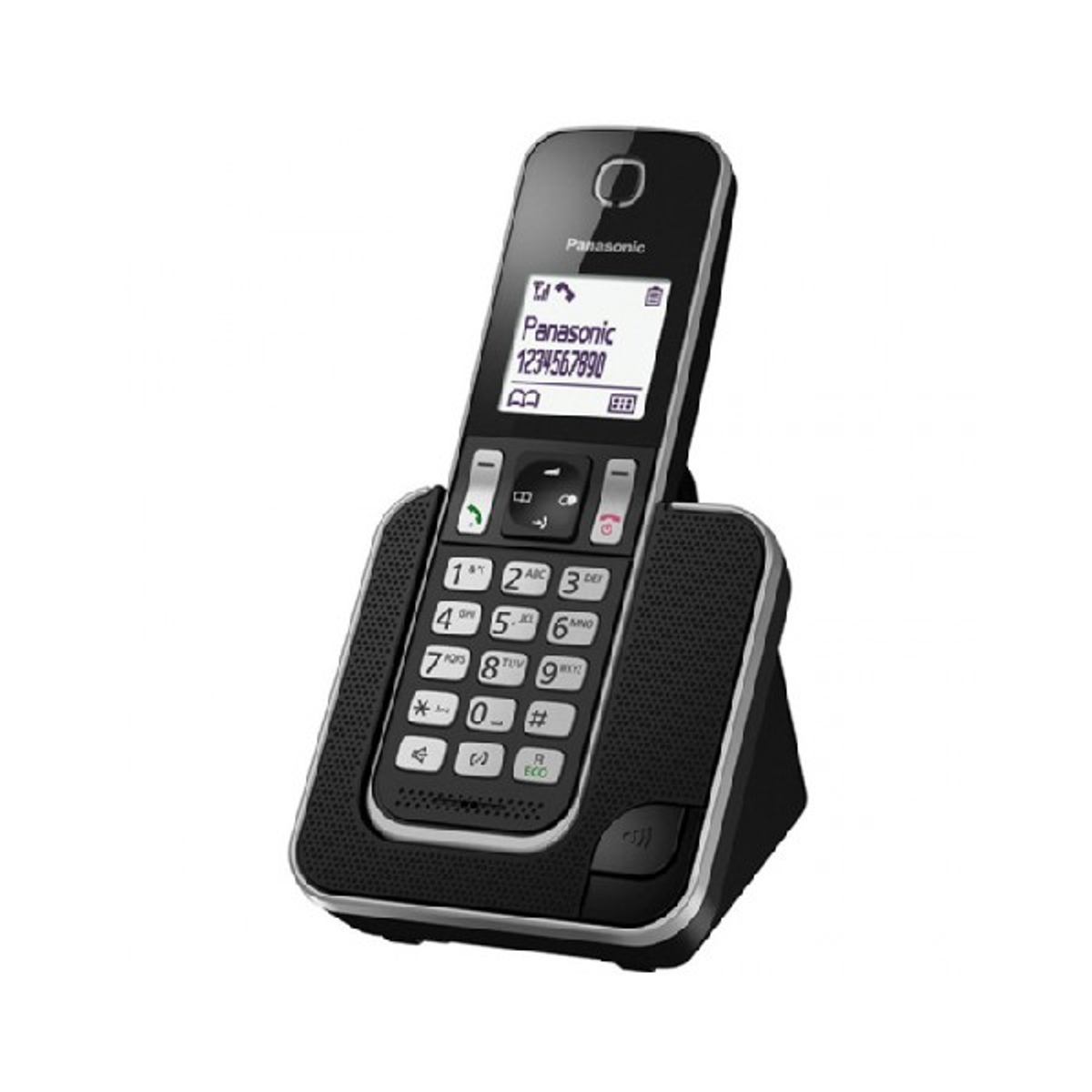 Schwarzes schnurloses Telefon auf Ladestation. Der Bildschirm zeigt eine Telefonnummer.