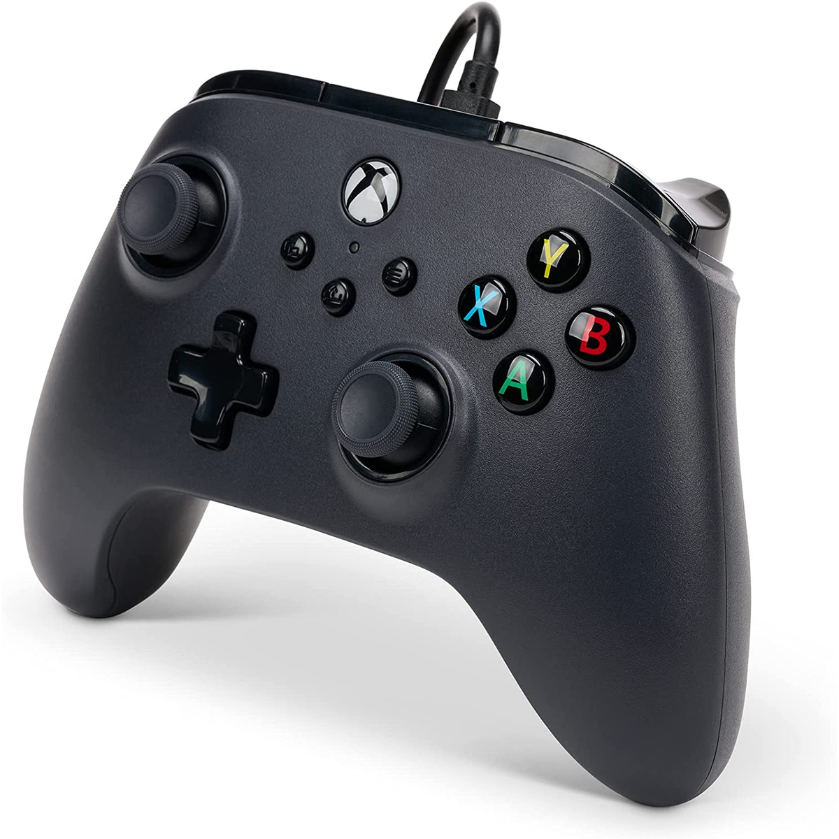 Black Xbox controller with colored buttons and a cable, on a white background.
