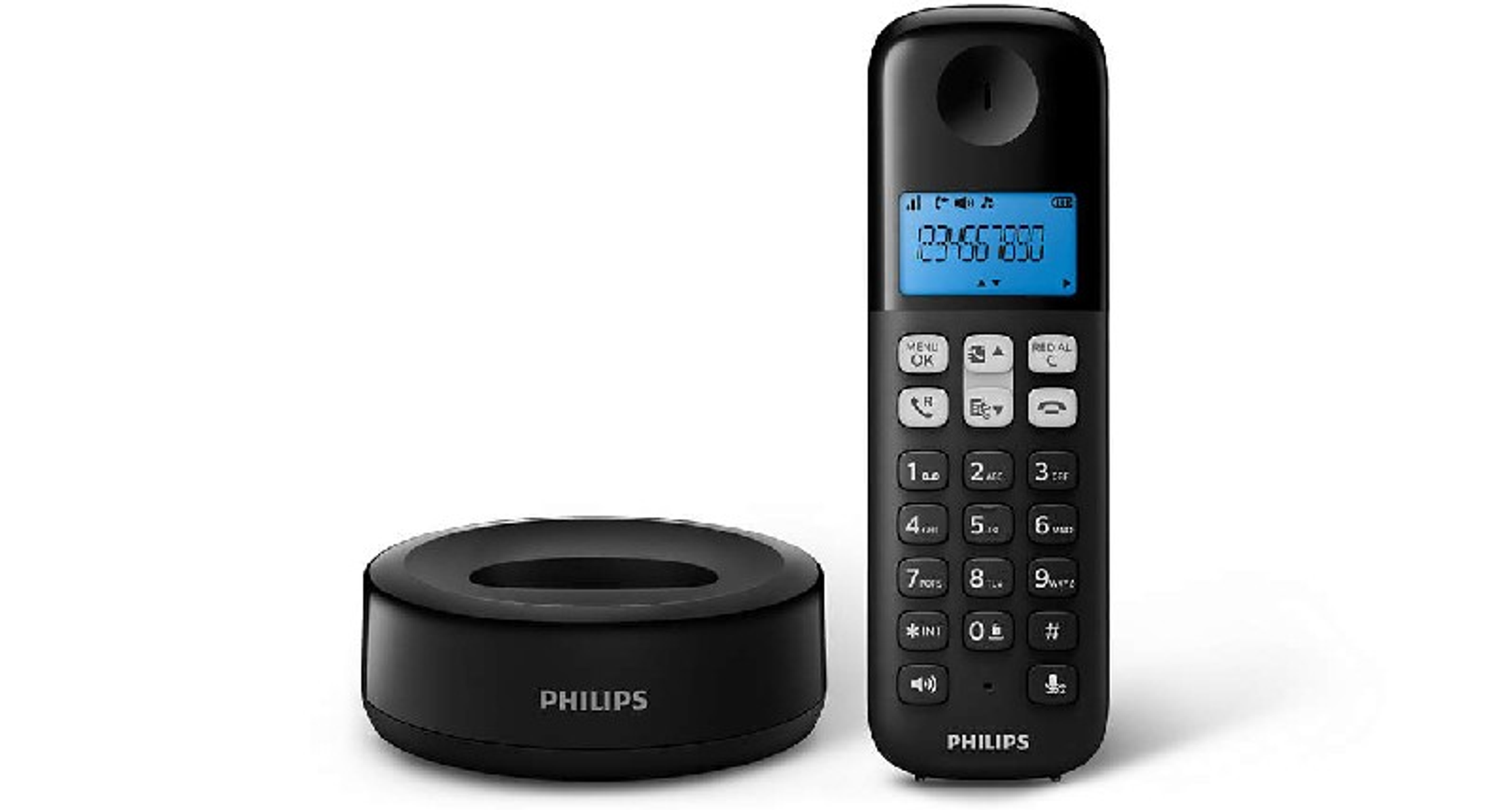 Teléfono inalámbrico Philips negro y base de carga. El teléfono tiene pantalla y botones numéricos.