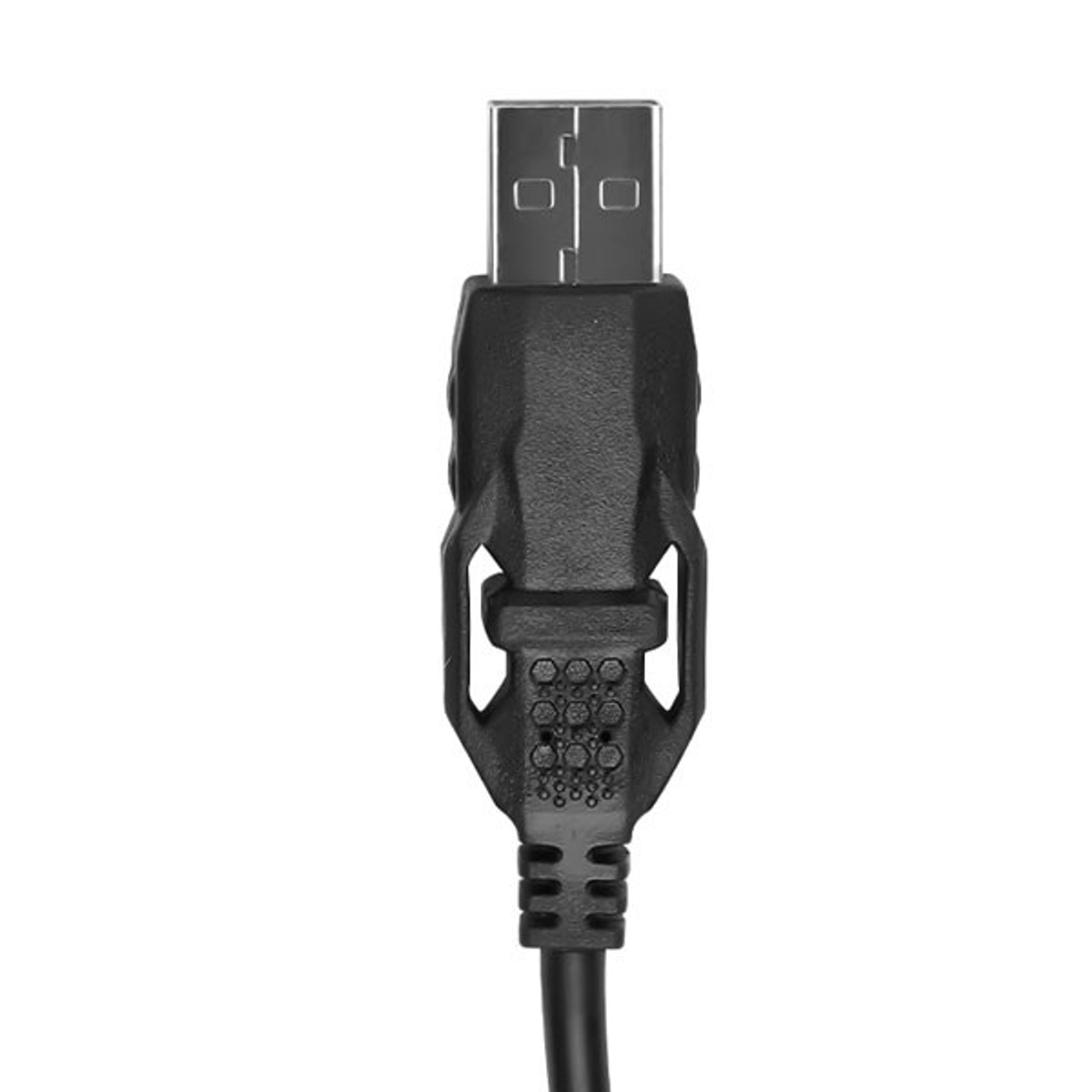 Czarny kabel USB z wtyczką USB-A na białym tle.