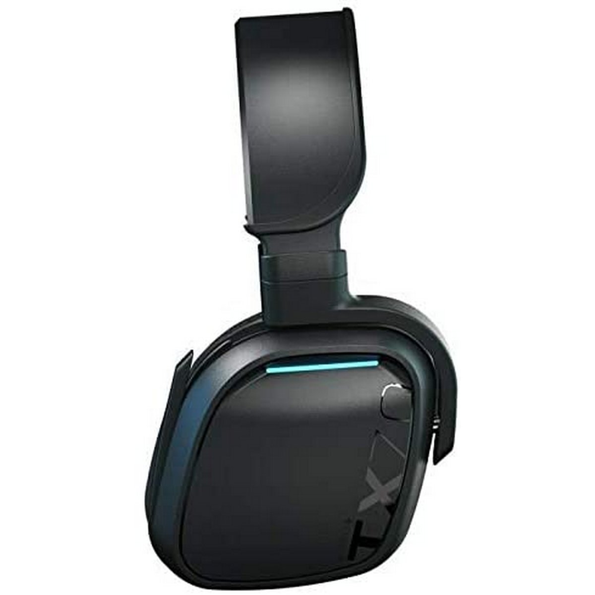 Czarne słuchawki dla graczy, widok z boku, niebieskie światło na nauszniku.