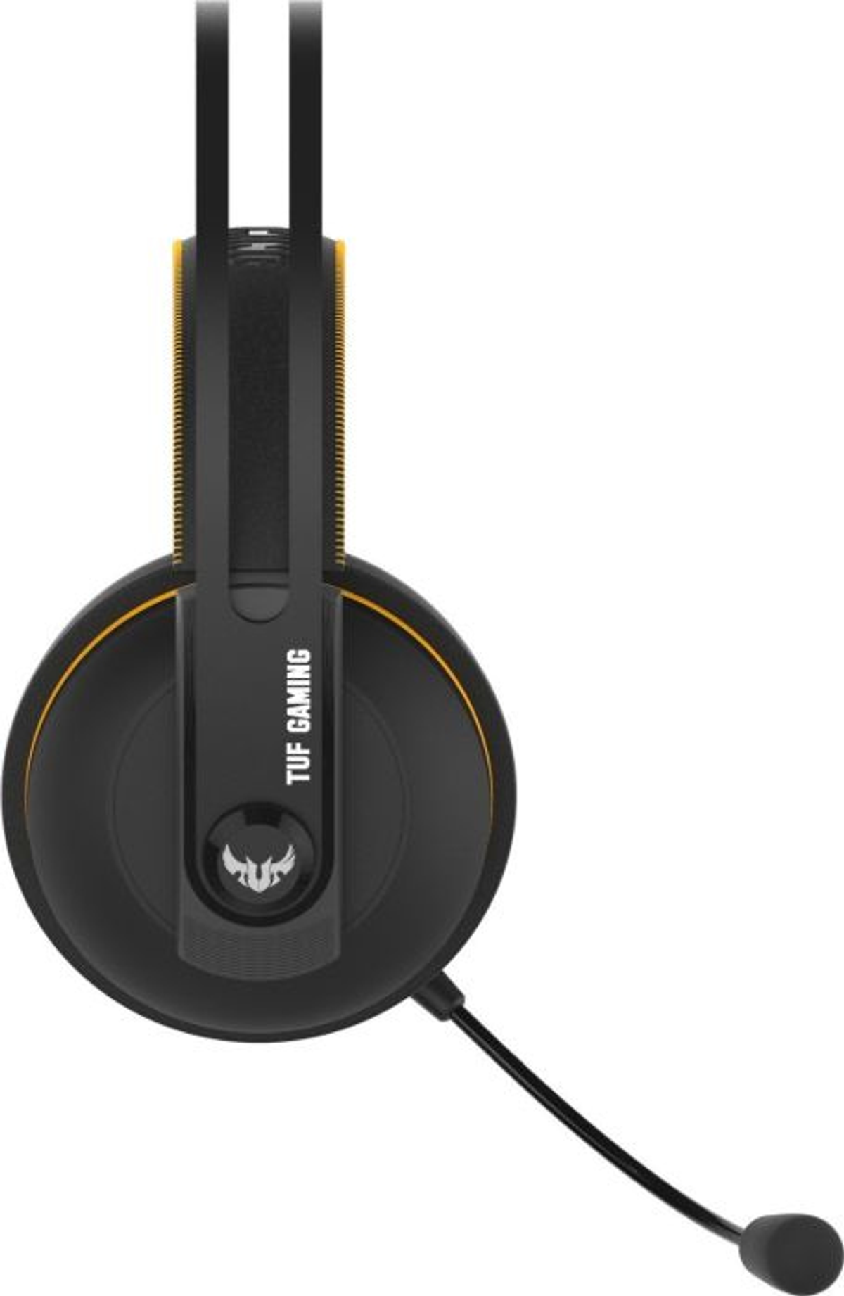 Mikrofonlu siyah ve sarı TUF Gaming kulaklık. Beyaz zemin.