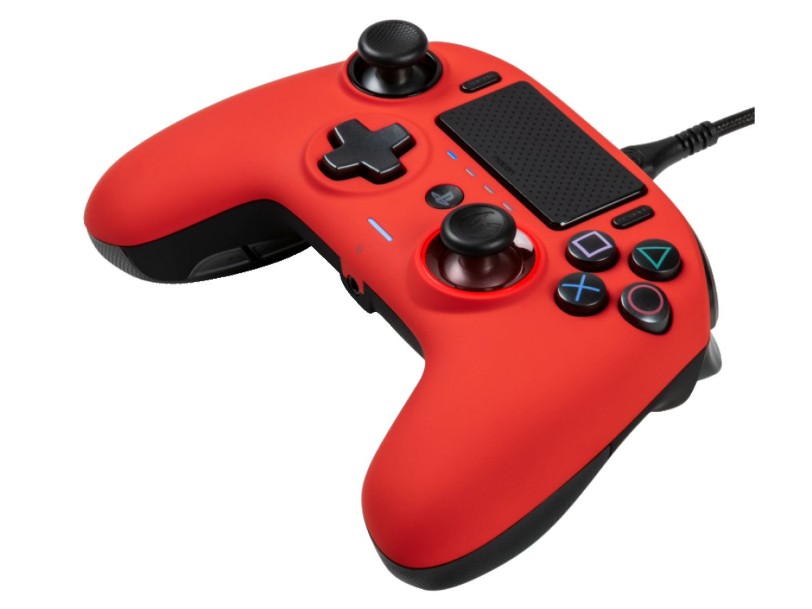 Czerwony kontroler PlayStation z czarnymi przyciskami.