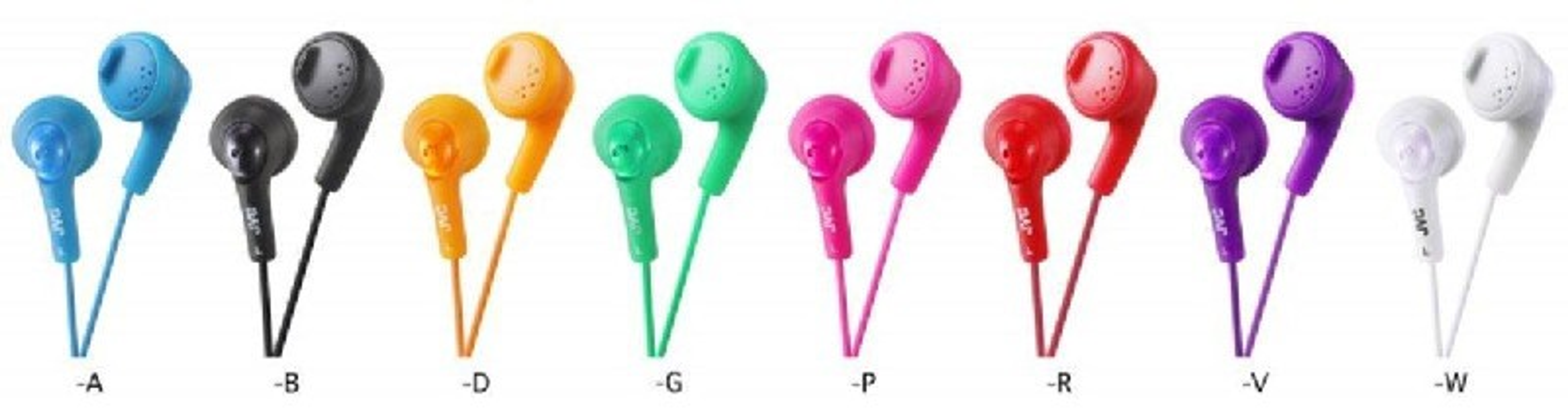Auricolari in vari colori, disposti in fila, ciascuno con un cavo abbinato. Le lettere A, B, D, G, P, R, V, W sono in basso.